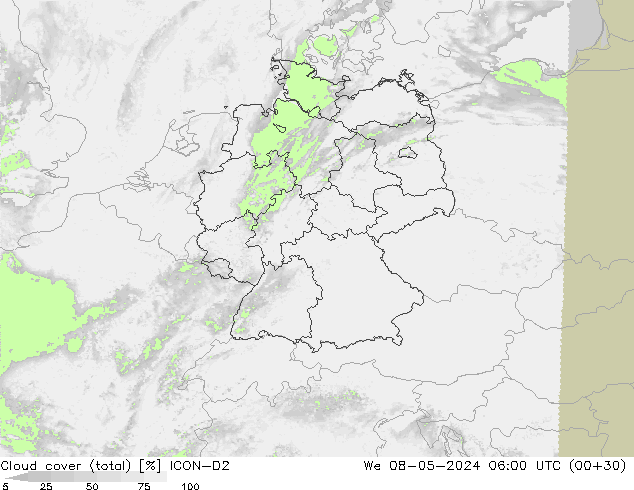 Nubes (total) ICON-D2 mié 08.05.2024 06 UTC