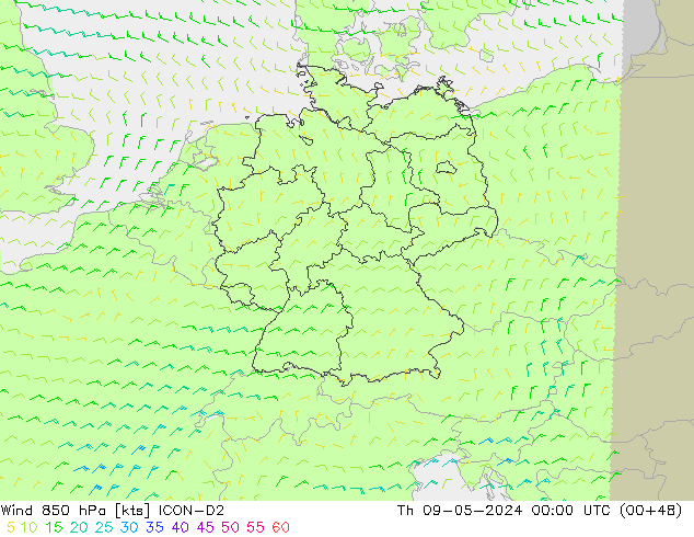 Wind 850 hPa ICON-D2 Th 09.05.2024 00 UTC