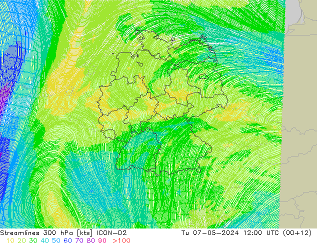 Rüzgar 300 hPa ICON-D2 Sa 07.05.2024 12 UTC