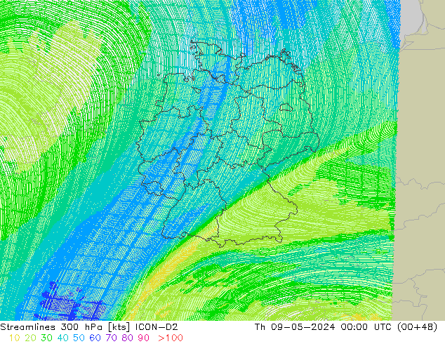 Linea di flusso 300 hPa ICON-D2 gio 09.05.2024 00 UTC