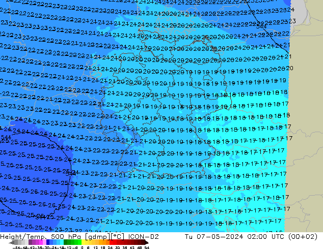 Height/Temp. 500 hPa ICON-D2 Di 07.05.2024 02 UTC