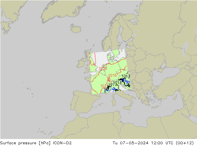 Bodendruck ICON-D2 Di 07.05.2024 12 UTC