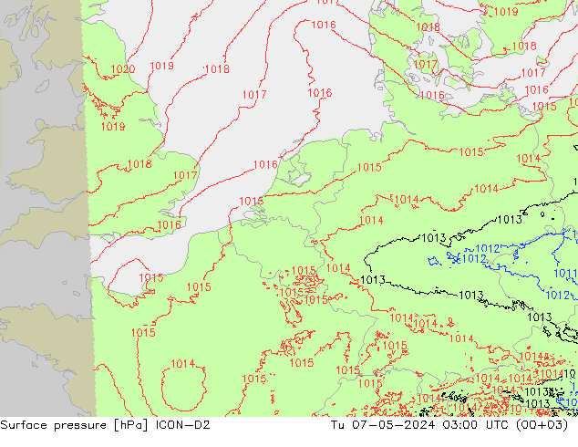 Atmosférický tlak ICON-D2 Út 07.05.2024 03 UTC