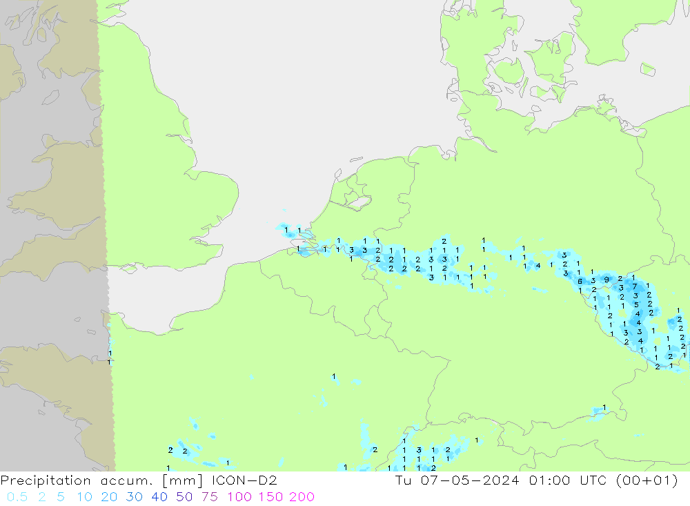 Totale neerslag ICON-D2 di 07.05.2024 01 UTC