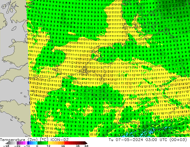 Temperaturkarte (2m) ICON-D2 Di 07.05.2024 03 UTC