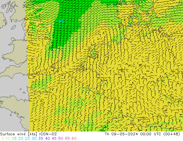 Surface wind ICON-D2 Th 09.05.2024 00 UTC