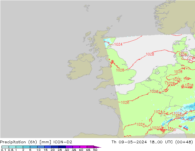 Totale neerslag (6h) ICON-D2 do 09.05.2024 00 UTC