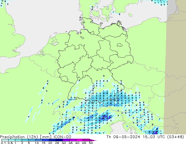 Precipitation (12h) ICON-D2 Čt 09.05.2024 03 UTC