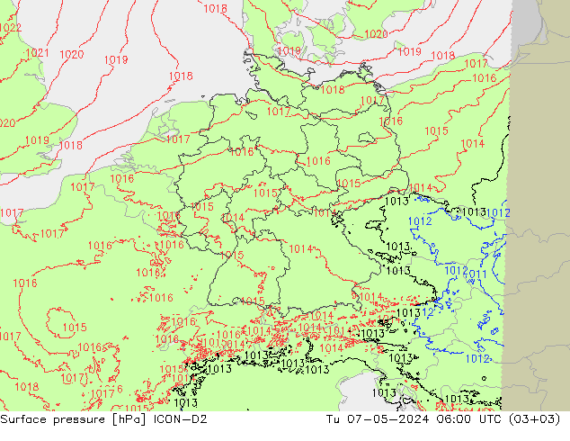 地面气压 ICON-D2 星期二 07.05.2024 06 UTC