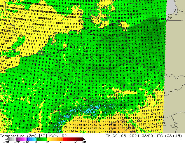 карта температуры ICON-D2 чт 09.05.2024 03 UTC