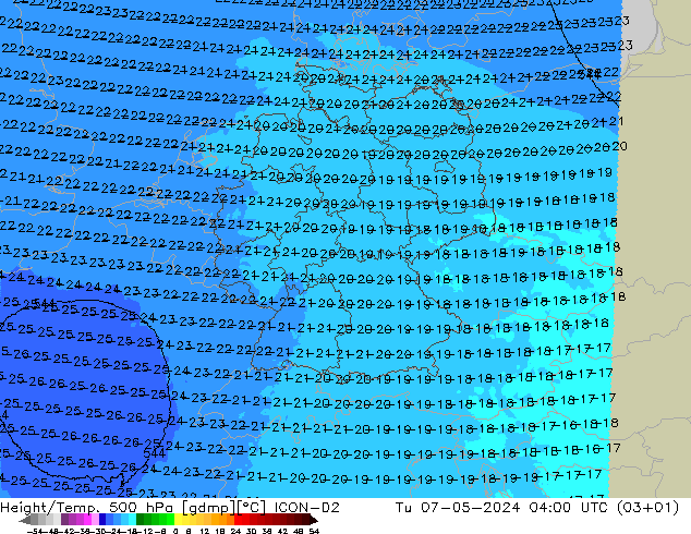 Height/Temp. 500 hPa ICON-D2 Di 07.05.2024 04 UTC