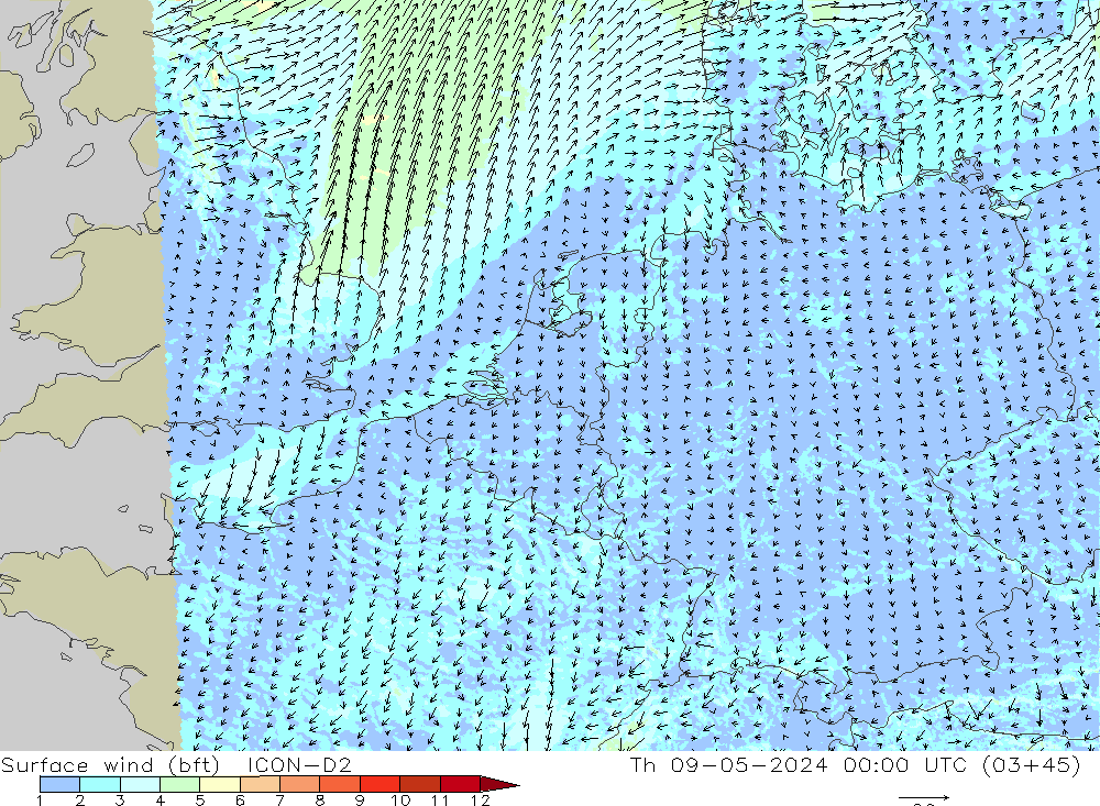 Rüzgar 10 m (bft) ICON-D2 Per 09.05.2024 00 UTC