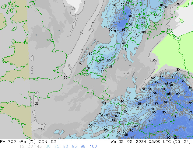 RH 700 hPa ICON-D2 śro. 08.05.2024 03 UTC