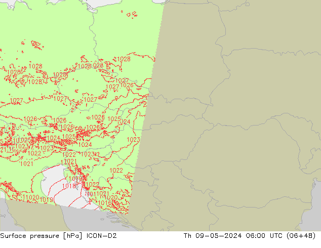 Surface pressure ICON-D2 Th 09.05.2024 06 UTC