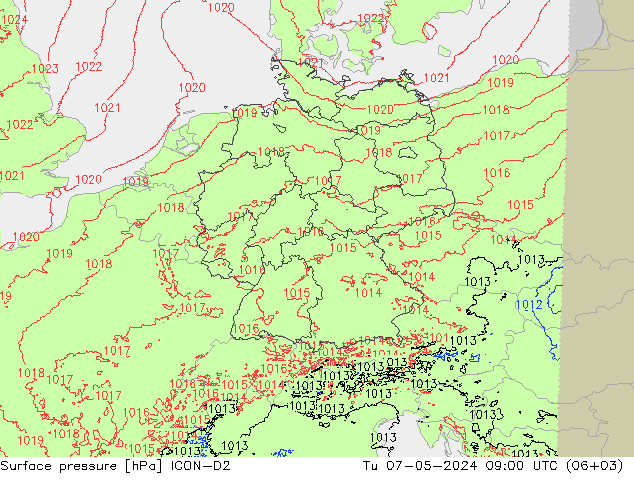 地面气压 ICON-D2 星期二 07.05.2024 09 UTC
