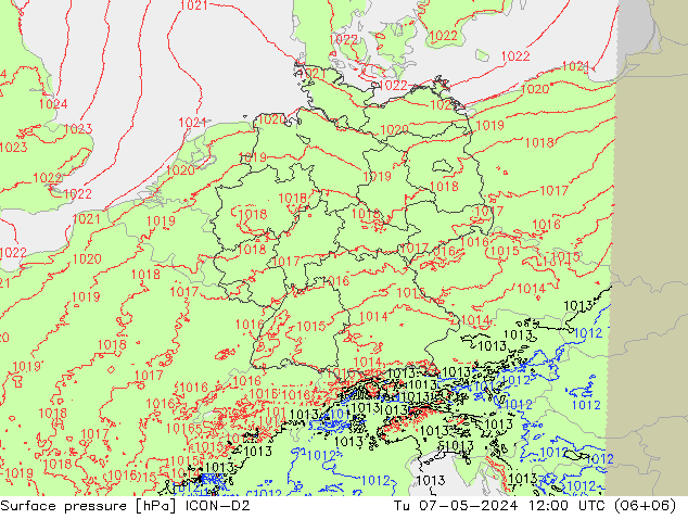 地面气压 ICON-D2 星期二 07.05.2024 12 UTC