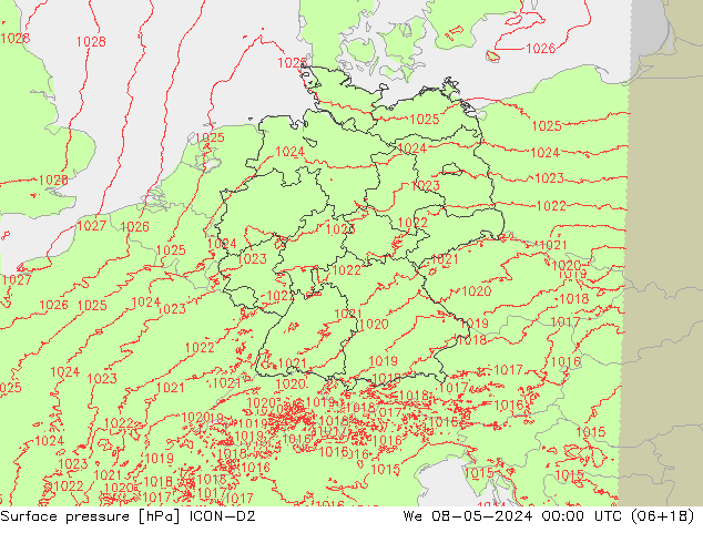 Surface pressure ICON-D2 We 08.05.2024 00 UTC