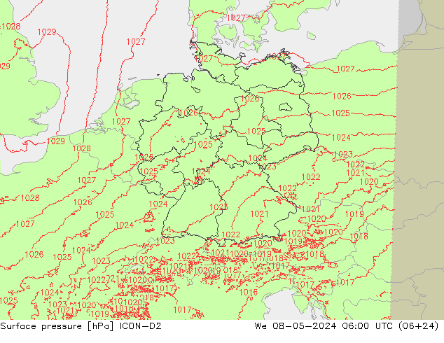 地面气压 ICON-D2 星期三 08.05.2024 06 UTC