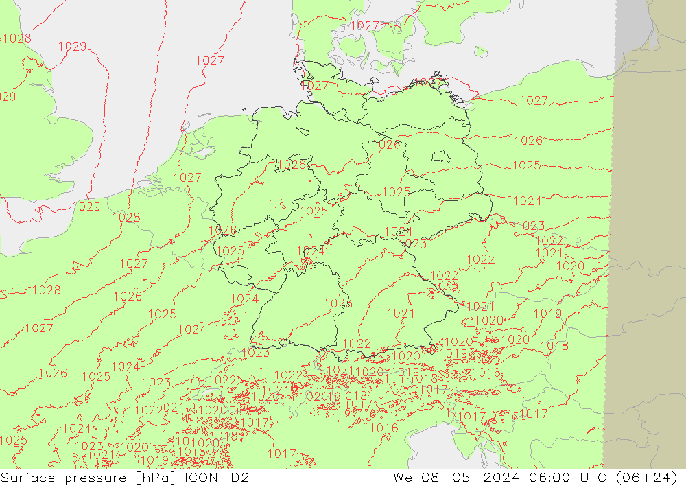 Surface pressure ICON-D2 We 08.05.2024 06 UTC