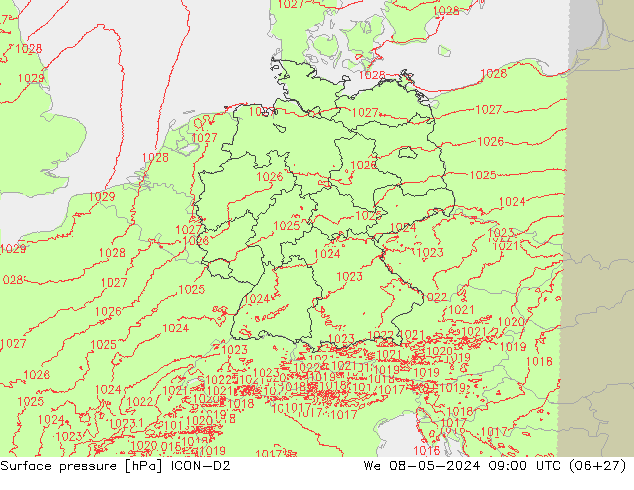 Surface pressure ICON-D2 We 08.05.2024 09 UTC