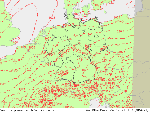 pressão do solo ICON-D2 Qua 08.05.2024 12 UTC