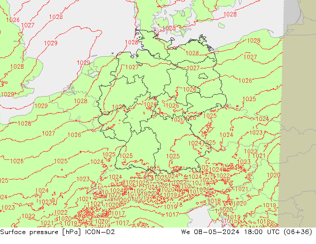 Atmosférický tlak ICON-D2 St 08.05.2024 18 UTC