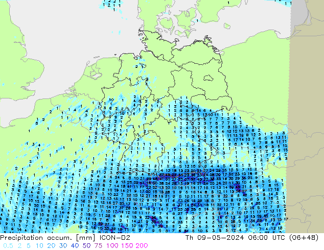 Precipitation accum. ICON-D2 czw. 09.05.2024 06 UTC