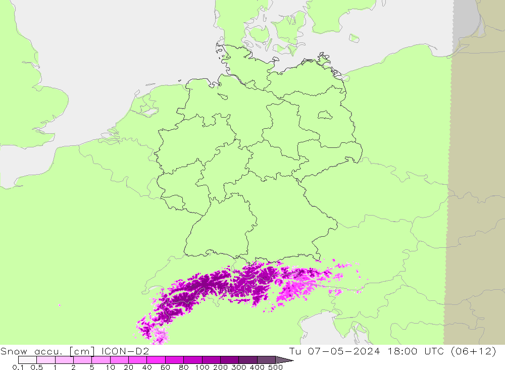 Snow accu. ICON-D2 Út 07.05.2024 18 UTC