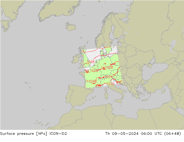 Pressione al suolo ICON-D2 gio 09.05.2024 06 UTC