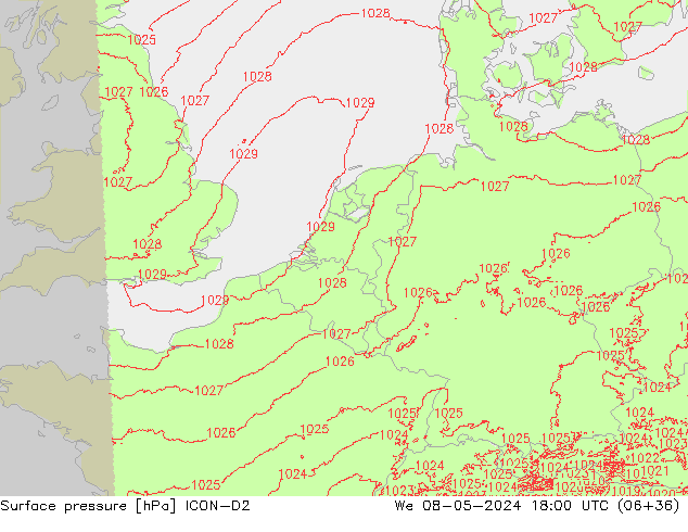 Surface pressure ICON-D2 We 08.05.2024 18 UTC