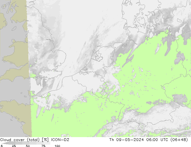 nuvens (total) ICON-D2 Qui 09.05.2024 06 UTC