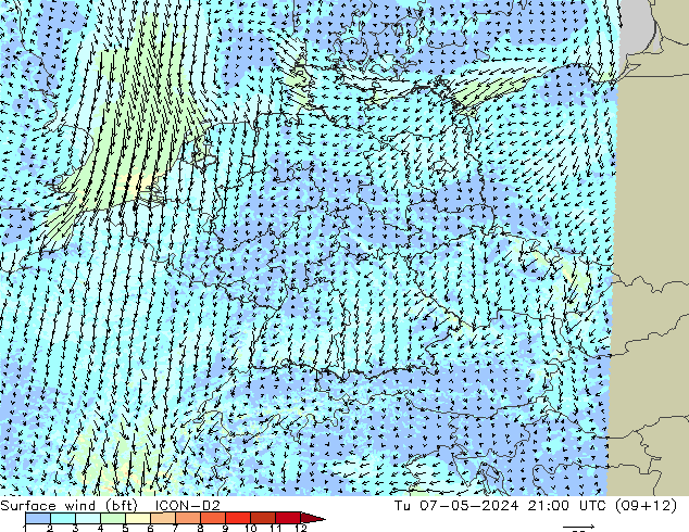 Surface wind (bft) ICON-D2 Út 07.05.2024 21 UTC