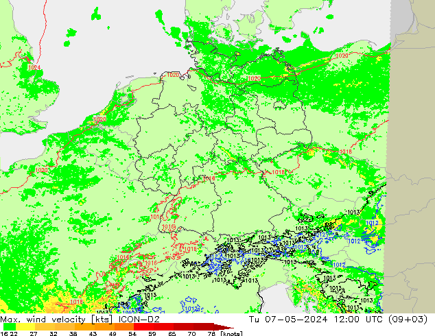 Max. wind velocity ICON-D2 Tu 07.05.2024 12 UTC