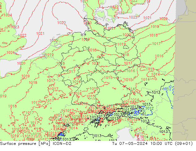 Presión superficial ICON-D2 mar 07.05.2024 10 UTC