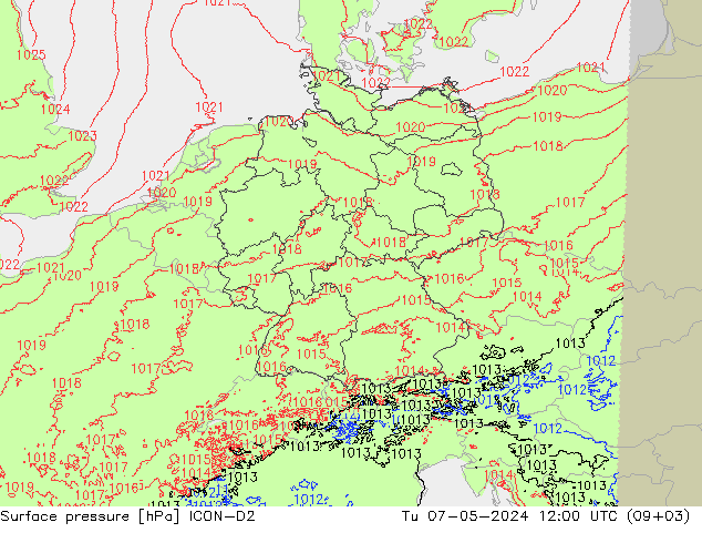 地面气压 ICON-D2 星期二 07.05.2024 12 UTC