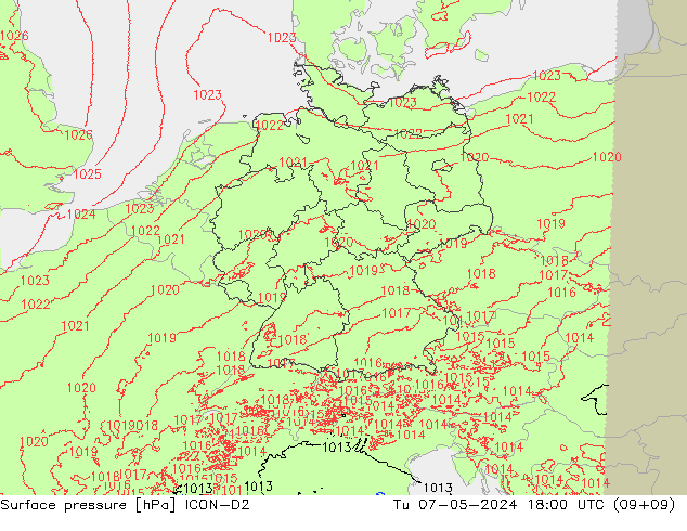 Presión superficial ICON-D2 mar 07.05.2024 18 UTC