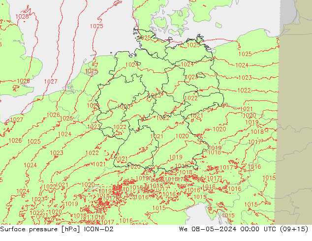 Surface pressure ICON-D2 We 08.05.2024 00 UTC