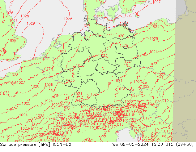 Surface pressure ICON-D2 We 08.05.2024 15 UTC