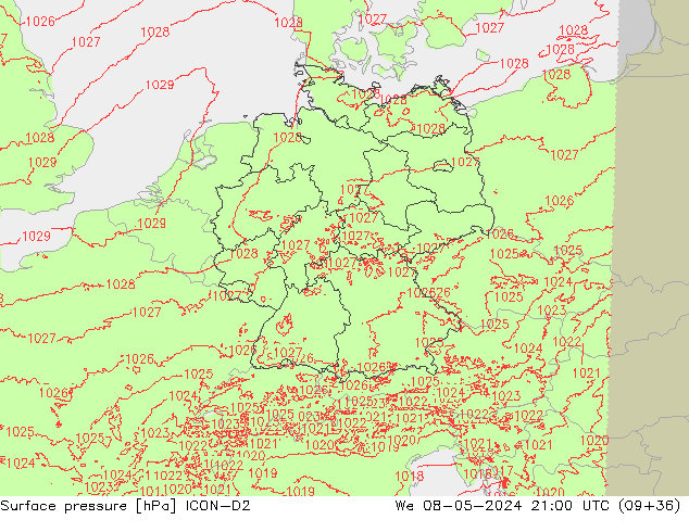 pressão do solo ICON-D2 Qua 08.05.2024 21 UTC