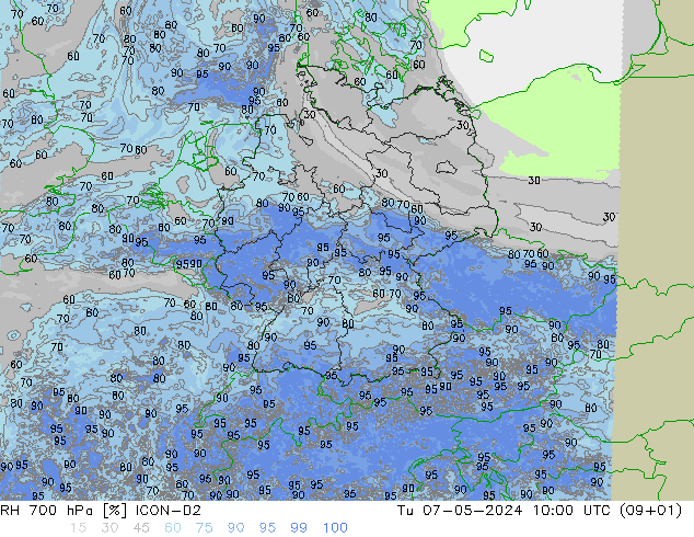 RH 700 hPa ICON-D2 Di 07.05.2024 10 UTC