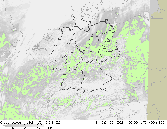 Cloud cover (total) ICON-D2 Čt 09.05.2024 09 UTC
