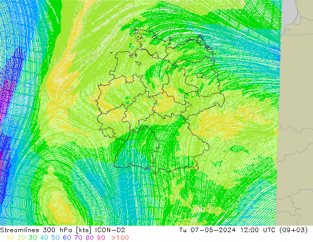 Línea de corriente 300 hPa ICON-D2 mar 07.05.2024 12 UTC