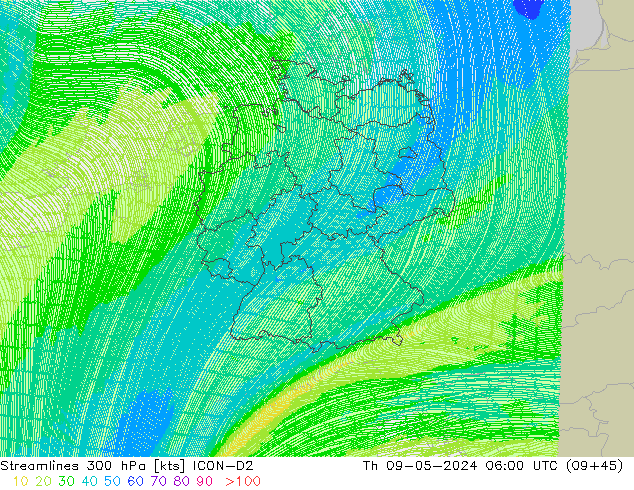 Rüzgar 300 hPa ICON-D2 Per 09.05.2024 06 UTC