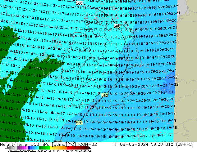 Height/Temp. 500 hPa ICON-D2 gio 09.05.2024 09 UTC