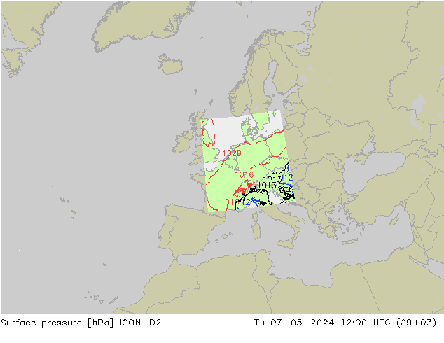 Bodendruck ICON-D2 Di 07.05.2024 12 UTC