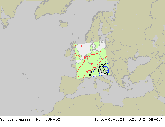 Pressione al suolo ICON-D2 mar 07.05.2024 15 UTC