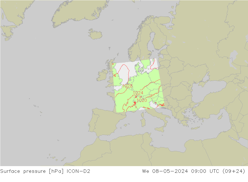 Surface pressure ICON-D2 We 08.05.2024 09 UTC