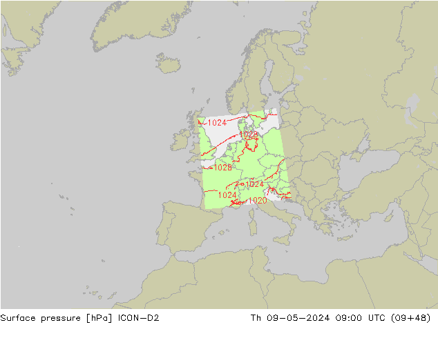 Presión superficial ICON-D2 jue 09.05.2024 09 UTC