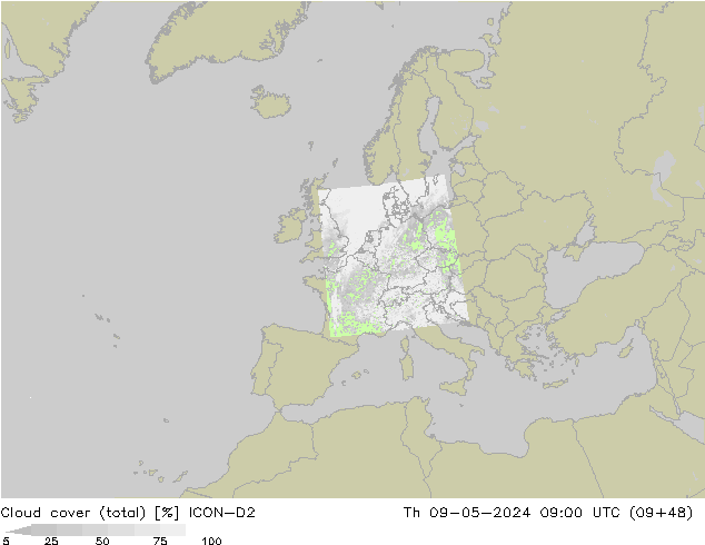 Cloud cover (total) ICON-D2 Th 09.05.2024 09 UTC