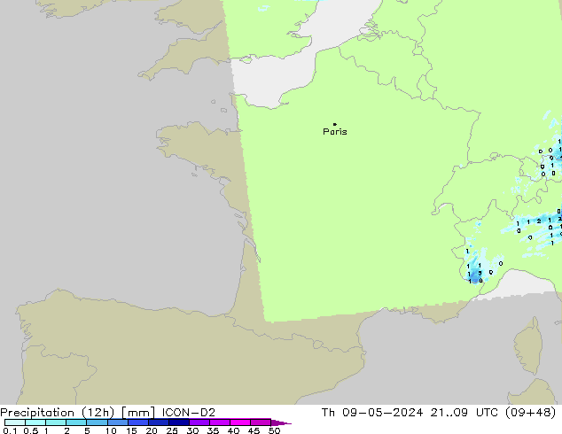 Precipitación (12h) ICON-D2 jue 09.05.2024 09 UTC